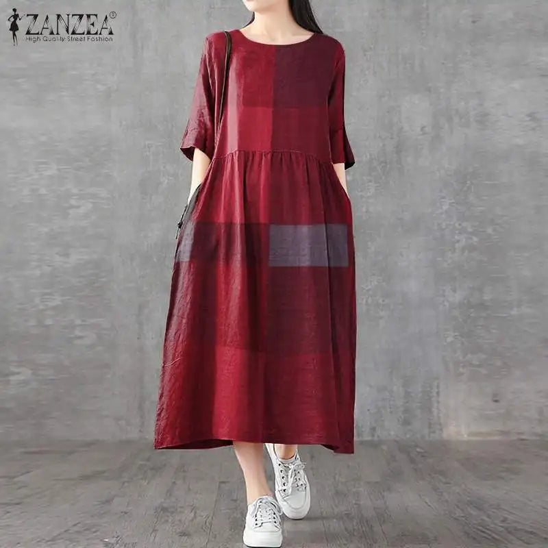 ZANZEA Women Cotton Linen Dresses Vintage Plaid Half Sleeve Midi Vestidos Casual O-neck Long Sundress 2023 Holiday Pocket Robes - Seprincess