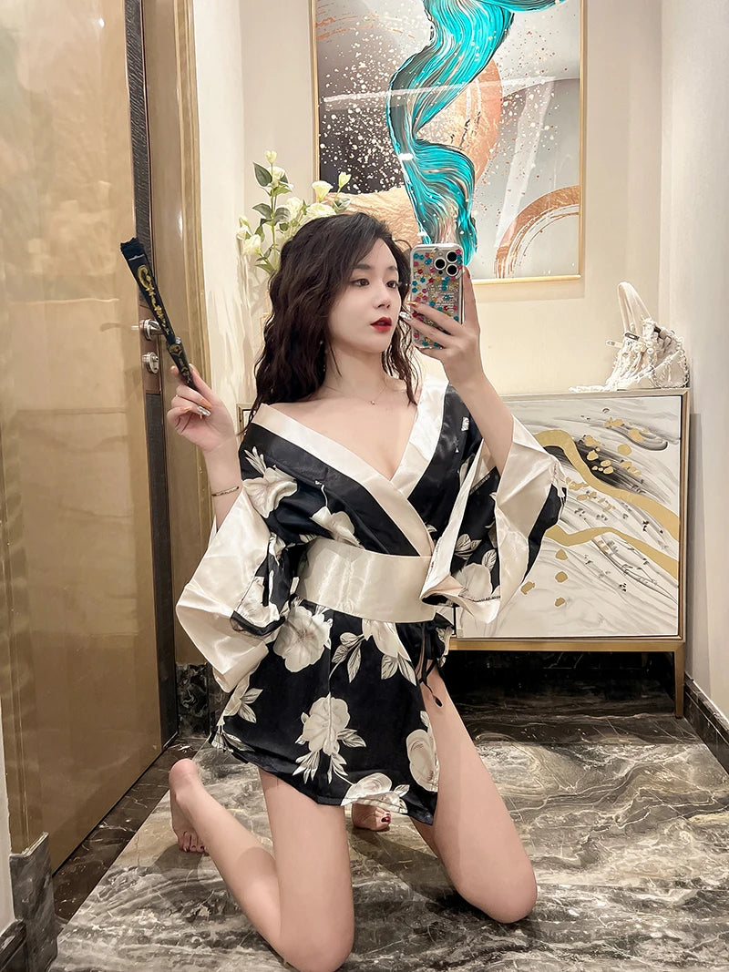 Japanese Kimono Sexy Cosplay Outfit for Women Traditional Style Robe Yukata Sakura Costume Pajamas Soft Silk Belt Lingerie Porno - Seprincess