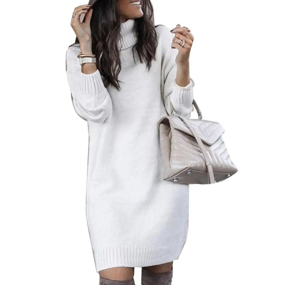 Women Winter Loose Dress Knee-length Dress Women Long Sleeve Autumn Turtleneck Warm Knitted Sweater Knee-length Dress - Seprincess