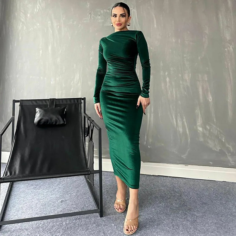 Dulzura 2024 Spring Summer Velvet Long Sleeve Midi Dress For Women Ruched Long Dress Elegant Party Clothes Evening Green Outfits - Seprincess