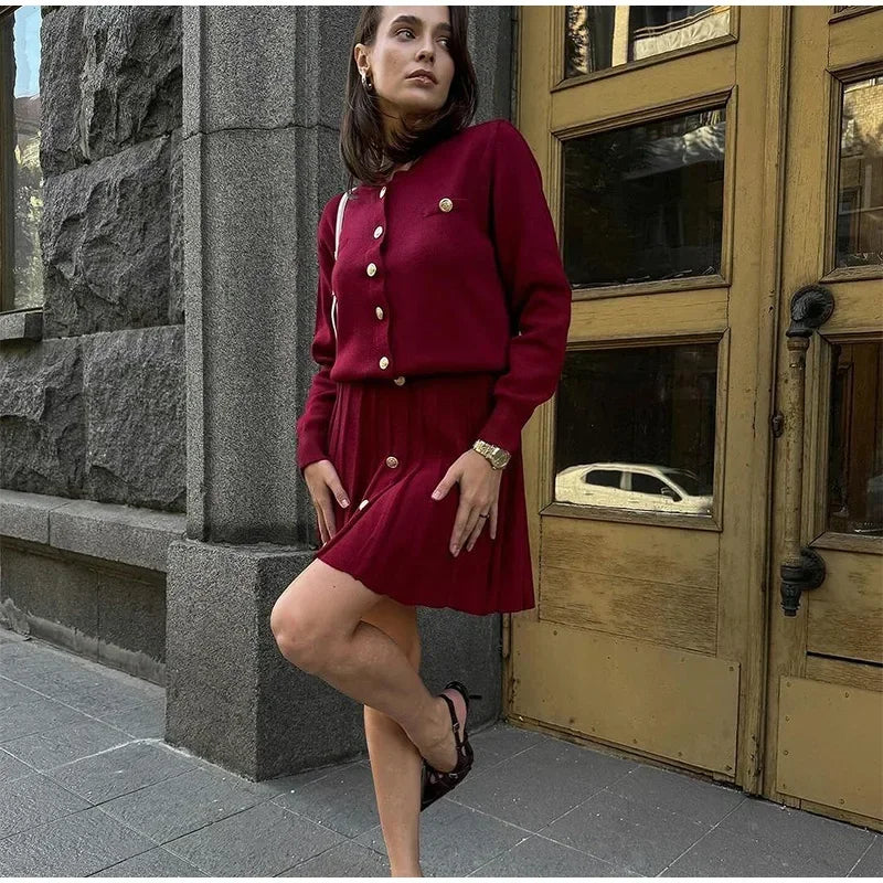 Chic Burgundy Pearl Buckle Women Mini Skirts Set Elegant Long Sleeve Knitted Cardigan Suits 2024 Female Commuting Street Outfits - Seprincess