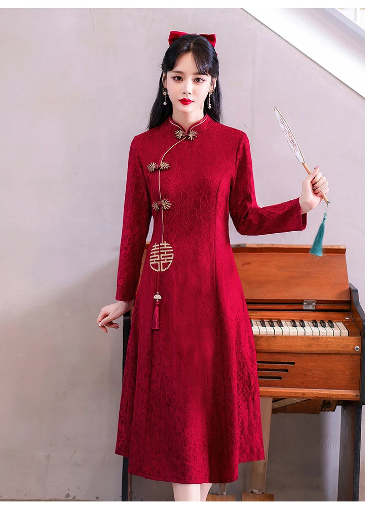 Retro Chinese Traditional Red Wedding Qipao Dress Modern Improved Long Sleeve Embroidered Cheongsam Plus Size Women Clothing CNY - Seprincess