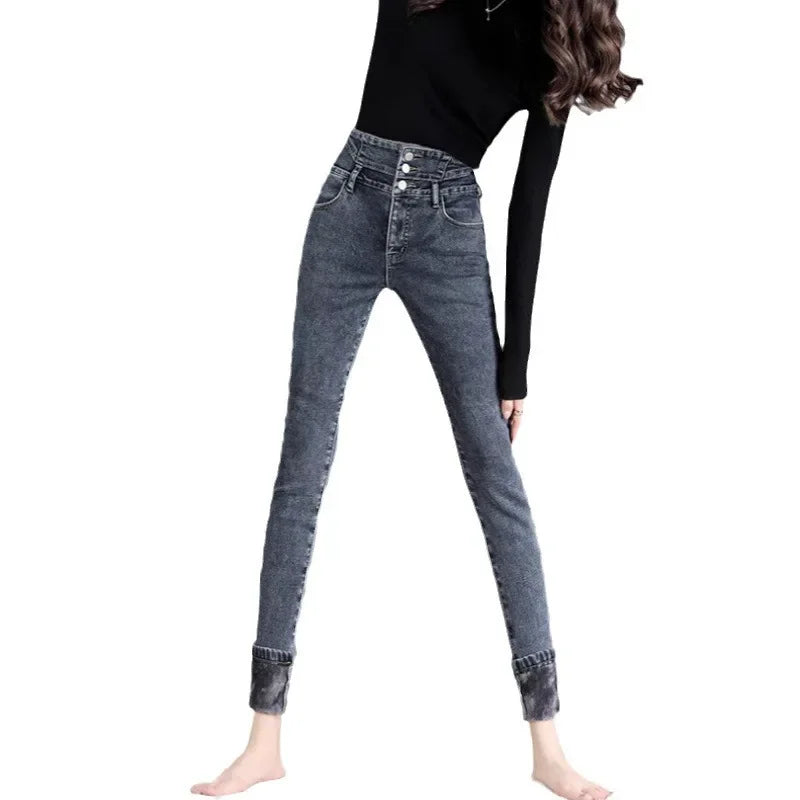 2024 Autumn/Winter New Solid Color Slim Fit Women's Jeans High Waist Buttoned Wool Lined And Thickened Pencil Leggings