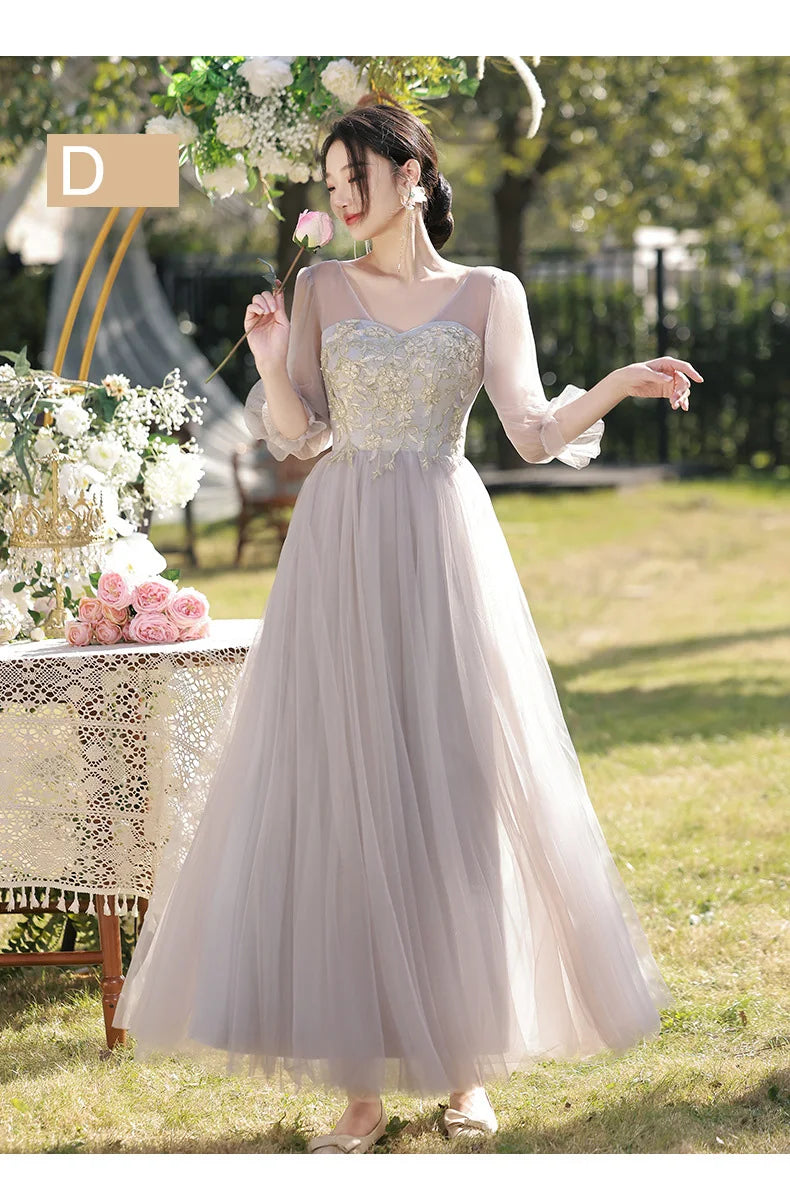 Temperament Grey Bridesmaid Dress Long Wedding Sisters Group Gown Elegant Applique Tulle Off Shoulder Banquet Party Vestido