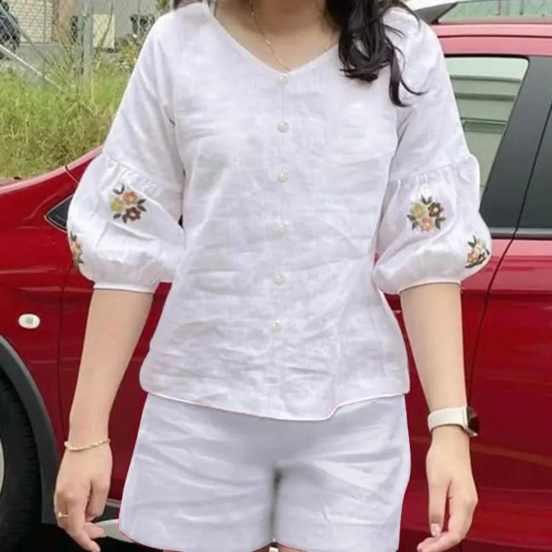 ZANZEA Embroidery Lantern Sleeve Top 2024 Summer Suits Women Casual Cotton Solid 2pcs Outfits Elastic Waist Shorts Short Sets - Seprincess