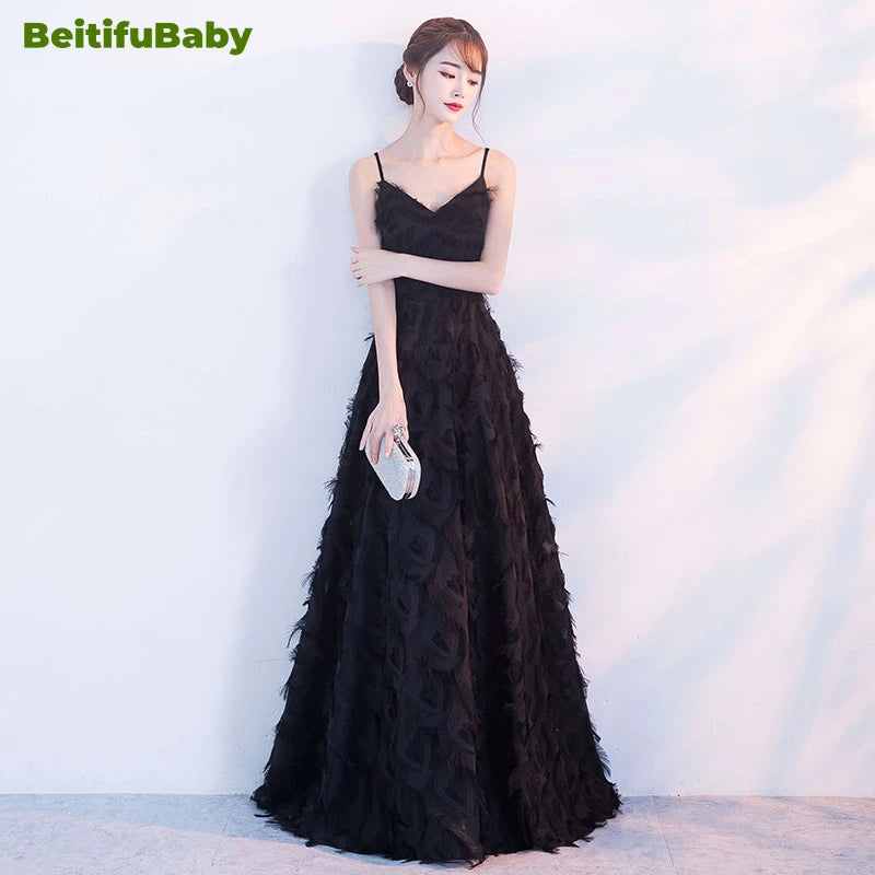 2024 Women's Wedding Party Dress Elegant Sling V-neck Sling Zipper Feather Bridesmaid Skirts Evening Dresses for Women Vestidos - Seprincess