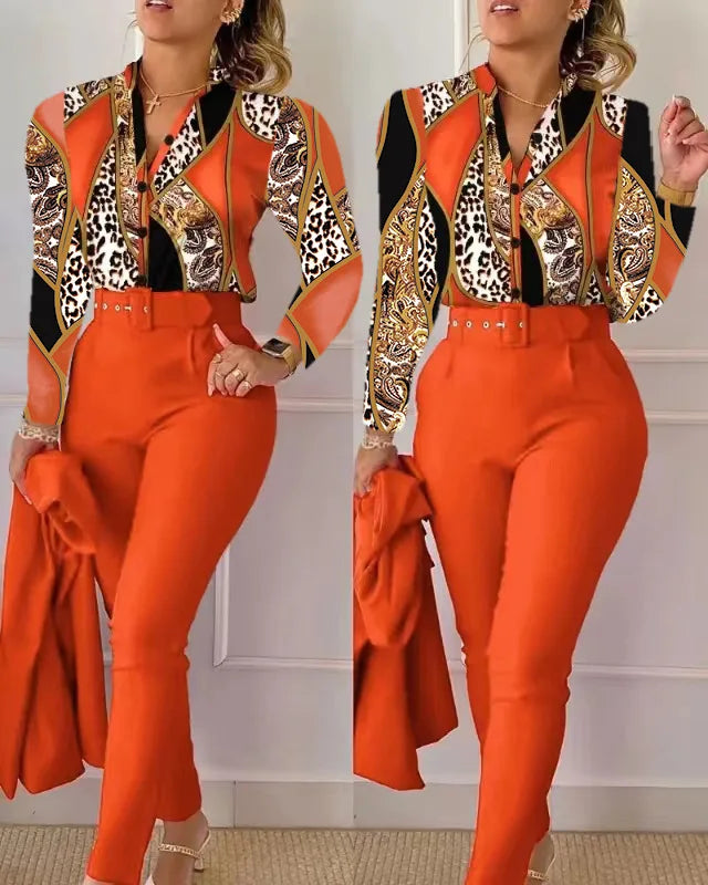 Elegant Women Printed Two Piece Suit Sets Spring Autumn V Neck Long Sleeve Shirt Top & Long Pants Set With Belt Workwear Outfits - Seprincess