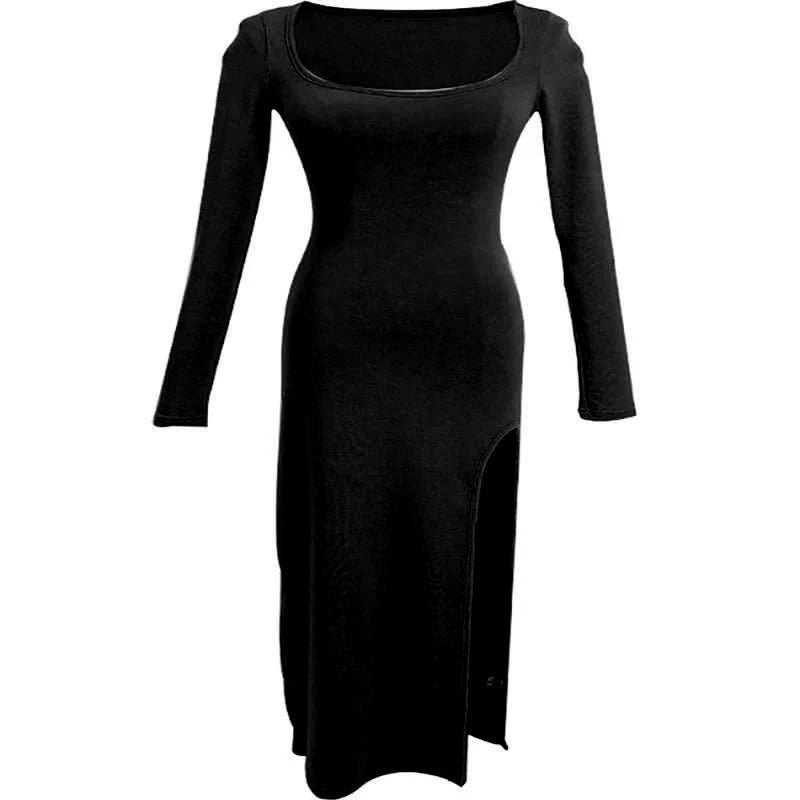 Sexy Side Slit Dress for Women Tight-fitting Wrap Hip Over-the-knee Long Sleeved Dresses Black Street Bodycon Spring Autumn - Seprincess