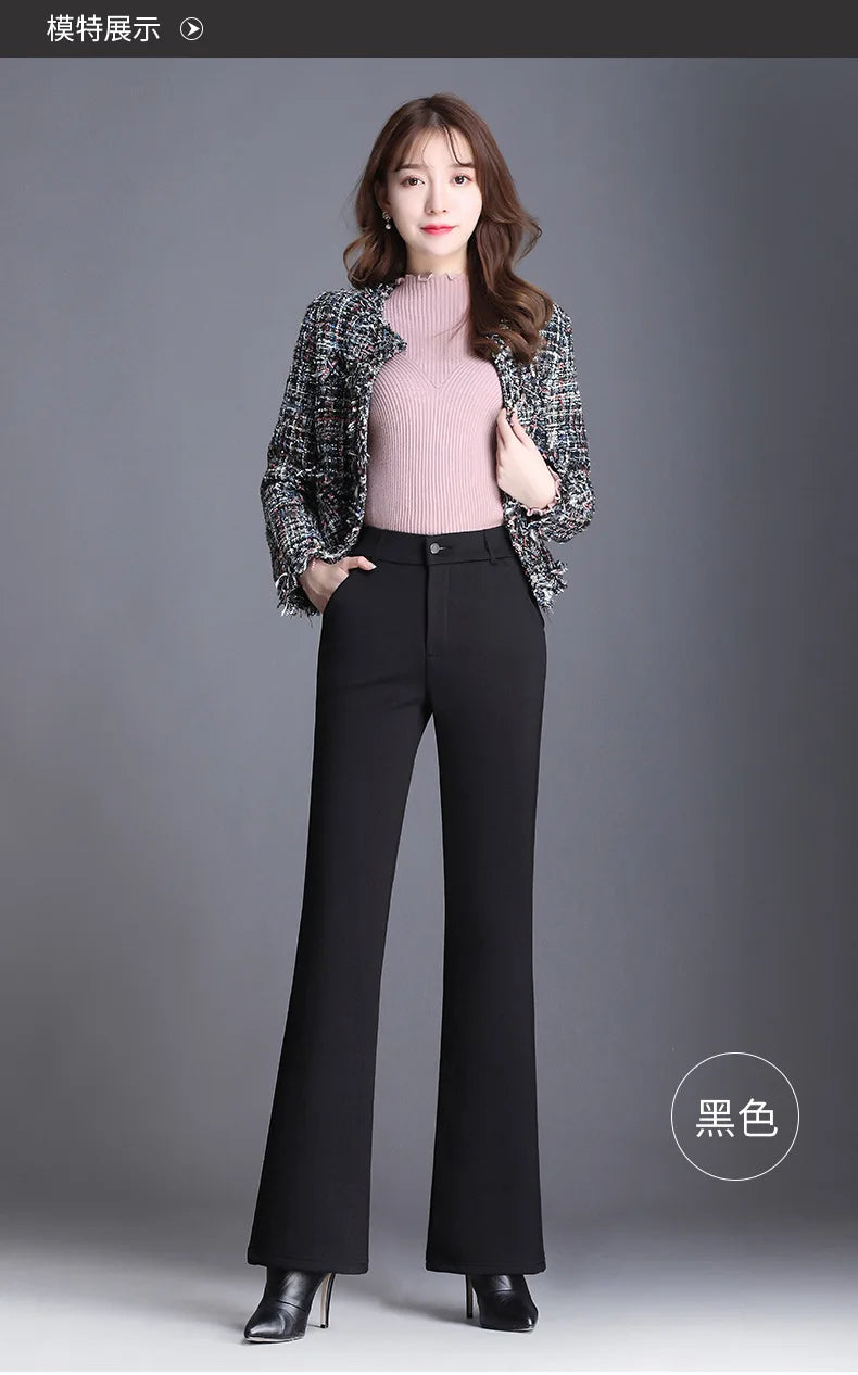 Women Plus Size High Waist Winter Autumn Fleece Velvet Plush Suit Pants Thicken Warm Office Flare Trousers Hot Lining 9XL 6XL