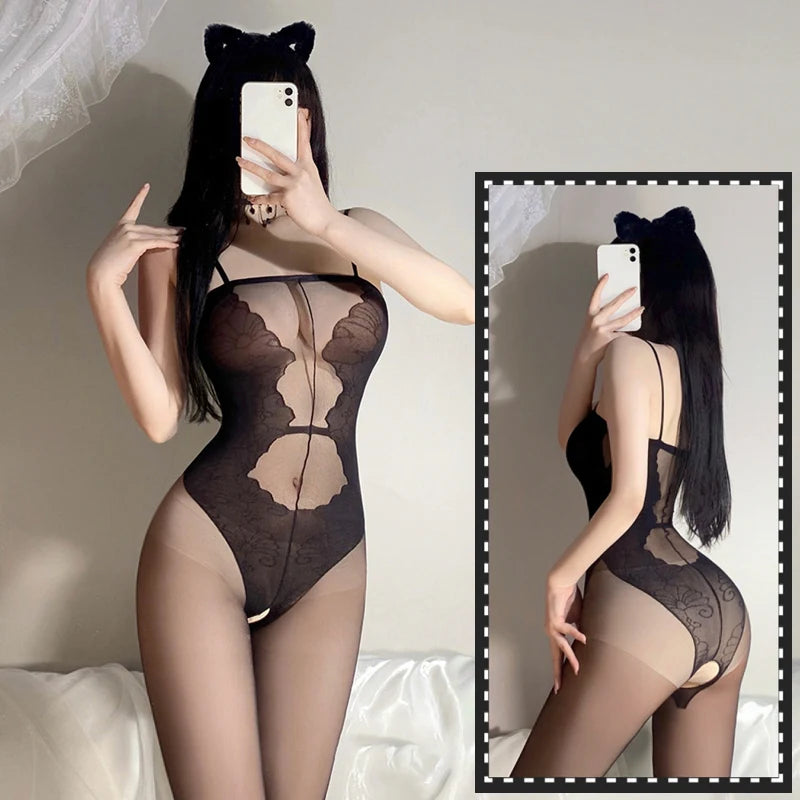 Tights Silk Body Stockings Female Erotic Lingerie Women Sexy Open Crotch Underwear Thin Transparent Bodysuit Cosplay Costumes