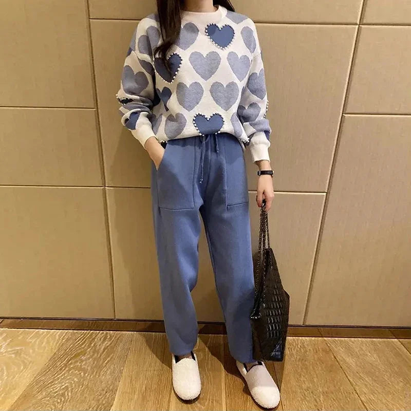 Love Printed Knit Two Peice Set Women Long Sleeve Sweater Pullover Tops Suits  Casual Jogger Pants Conjunto Knitwear Korean Sets - Seprincess