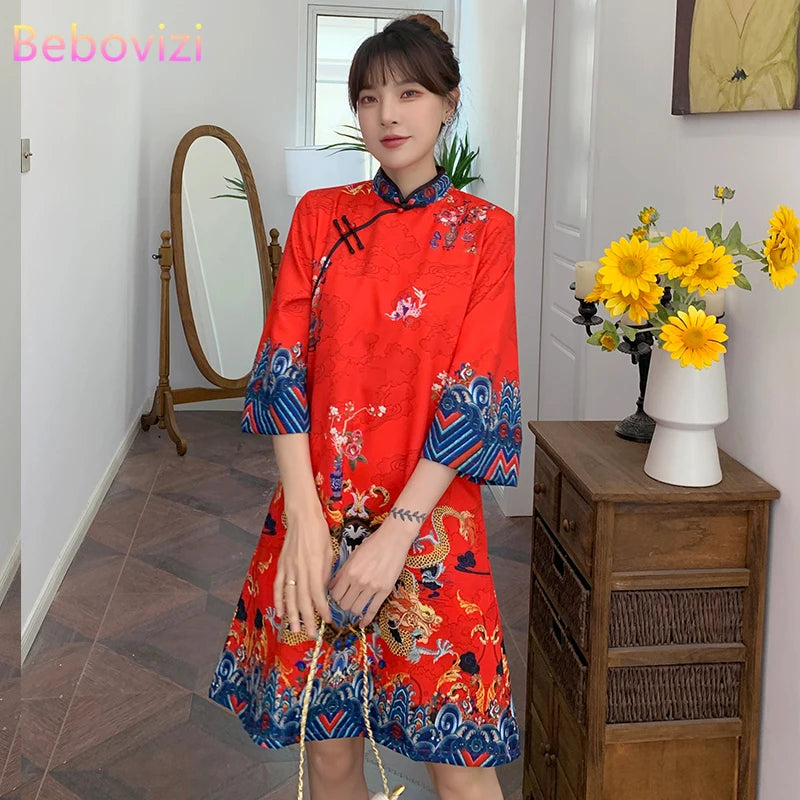 Ins Red Blue Loose 2021 New Fashion Modern Chinese Cheongsam A-line Dress Women 3/4 Sleeve Qipao Traditional Chinese Clothes - Seprincess