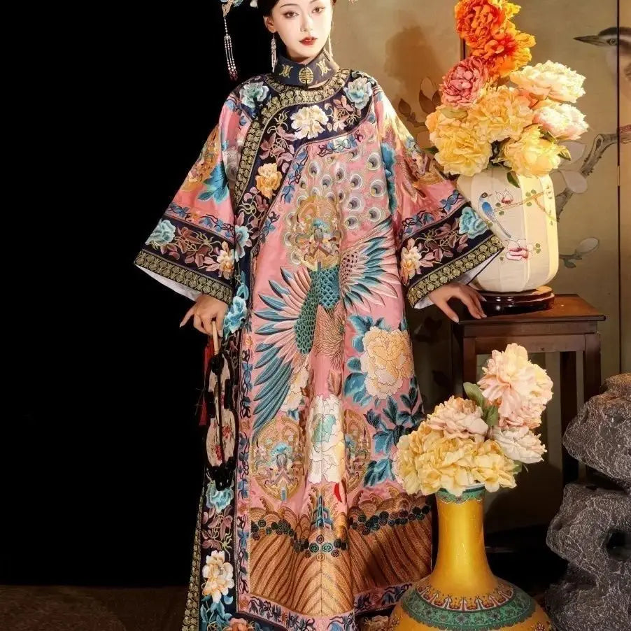 Chinese Traditional Dress Women Qing Dynasty Pink Peacock Print Large Sleeves Stand Up Collar Cheongsam Vestido Medieval Mujer - Seprincess