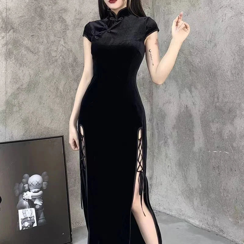 Vintage Black Gothic  Bandage Dress Sexy Cheongsam High Split Velvet Dress Spring Retro Long Qipao Women Aesthetic Dresses - Seprincess