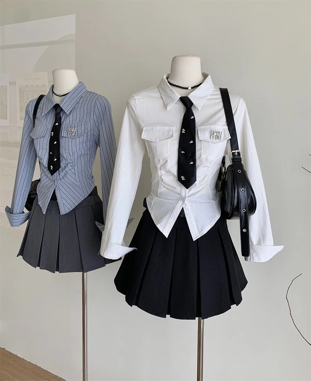 Women JK Preppy Y2k Gyaru Kpop 2000s Outfits 2 Piece Set Long Sleeve Shirts With Tie Crop Tops + Mini Pleated Skirts With Belt - Seprincess