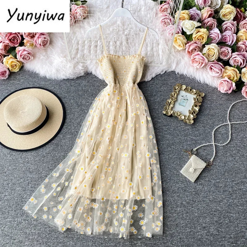 Women daisy Print Dresses Summer Sexy Lace Mesh Dress Spaghetti Strap Ruched Floral Vestidos Korean Style Long Dress - Seprincess