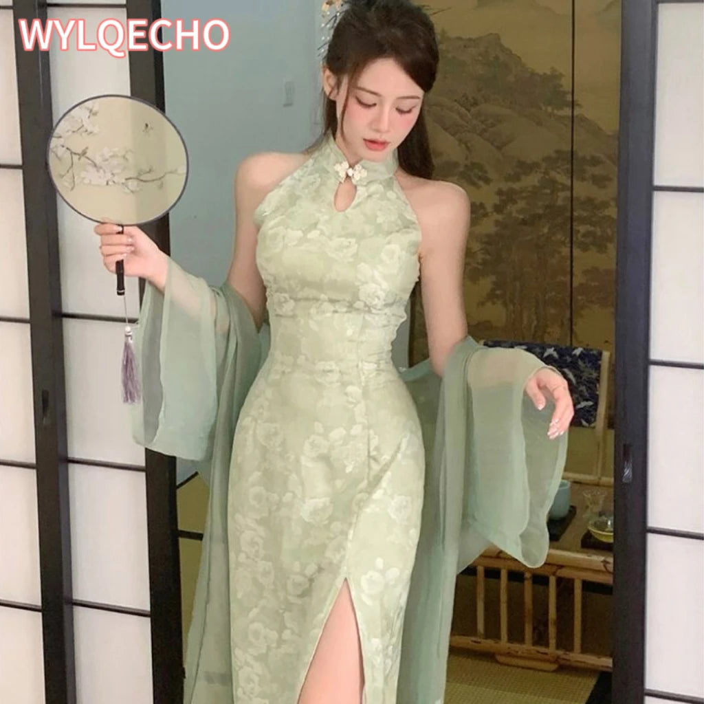 Women New Cheongsam Style Improved Qipao Dress Children's Summer Small Long Print Hanging Neck Off Shoulder Dress - Seprincess