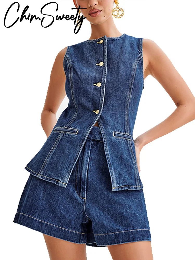 Casual Denim Shorts Sets for Women Sleeveless Single Breasted Split Top Vest High Waist Wide Leg Shorts Suit Female Lady Set - Seprincess