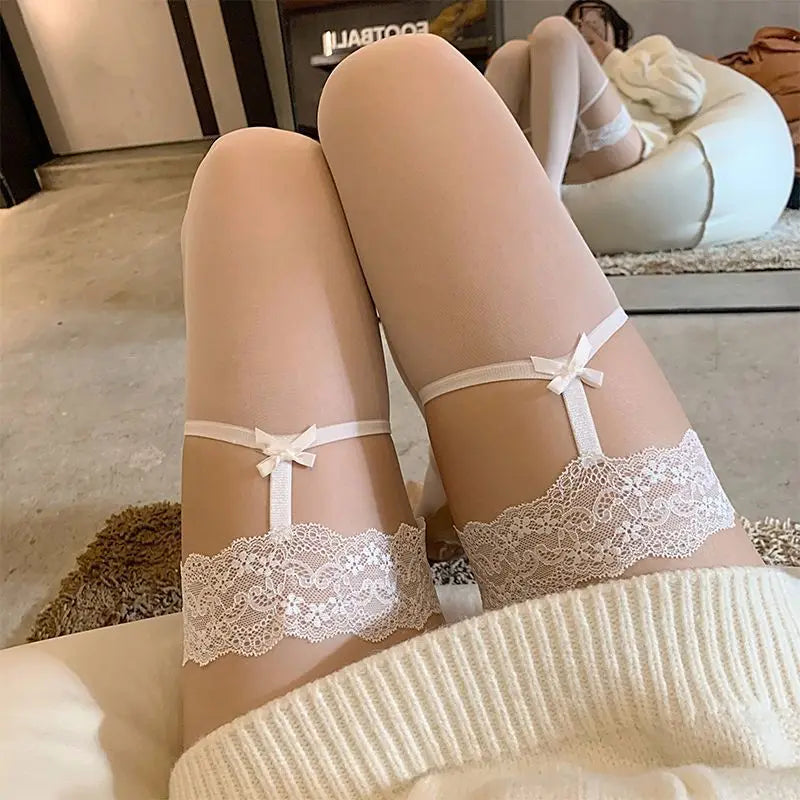 Sexy Summer Style  Women Erotic Lace Bow Anti-Slip Stocking Thigh High Striped Stockings Long High Ladies Stockings Leggings