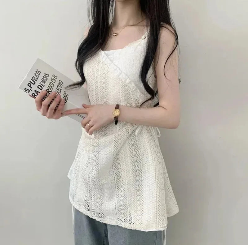 Summer Dress Women Chic French Lace Stitching Sling Shirt Stacked Gauze Knitted Dress Overskirt Inner Wear Base Short Dress - Seprincess