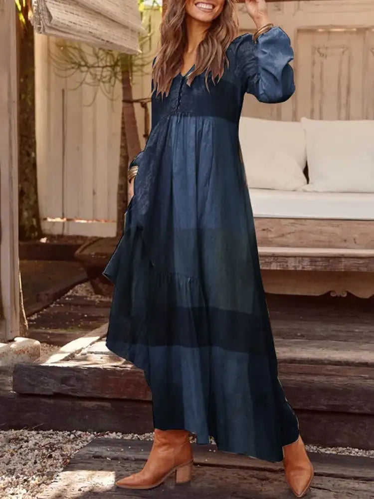 ZANZEA Autumn Long Puff Sleeve Maxi Dress Women Vintage Tiered Plaid Long Robes Fashion Cotton Linen V Neck Vestido Casual Dress - Seprincess