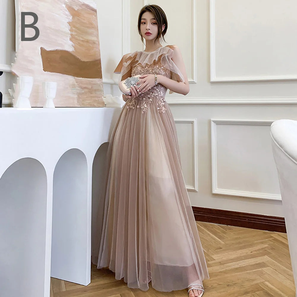 4 styles Champagne Pink Bridesmaid Dress Women's Elegant Off Shoulder Ruffles Sleeves Gown Sequins Flower Applique Vestido - Seprincess