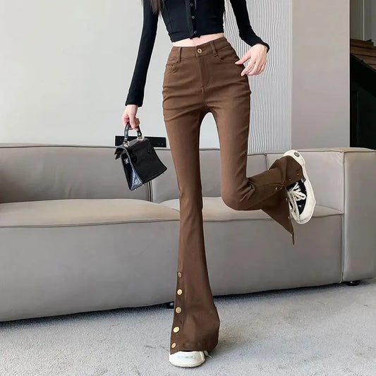 Micro-boot jeans brown buttoned design women's autumn and winter new high-waisted slim straight-leg floor mopping pants