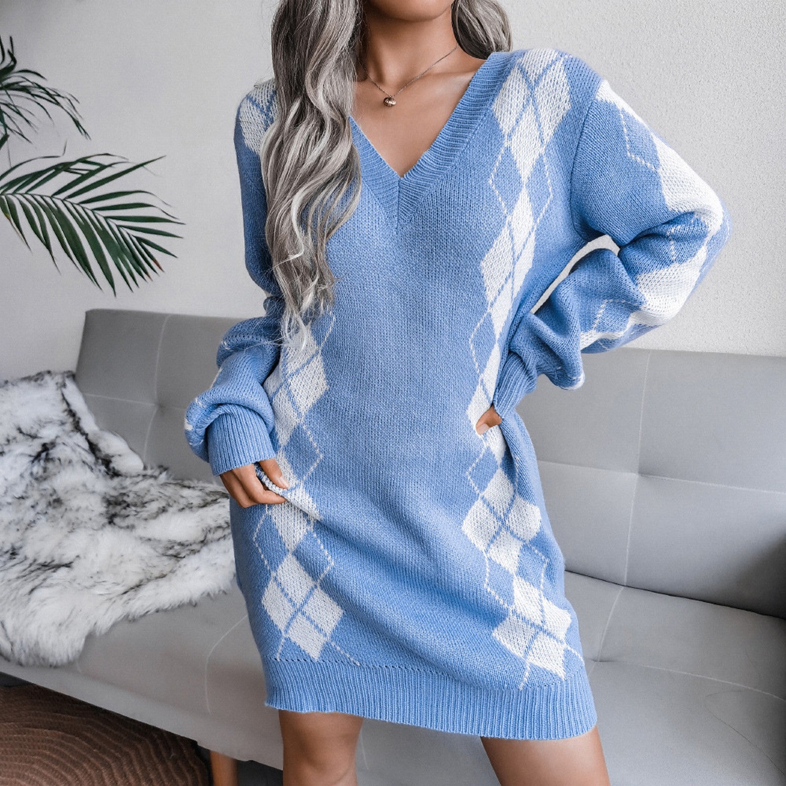 Women'S Autumn And Winter V-Neck Sweater Wrapped Dress Long Sleeve Dress Cembroidery Printing Dress Loose Cardigan For Women 원피스 - Seprincess