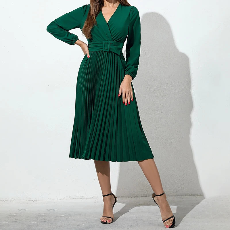 Women's solid color dress dark green V-neck casual slim pleated knee skirt new long sleeve summer and autumn standard code elega - Seprincess