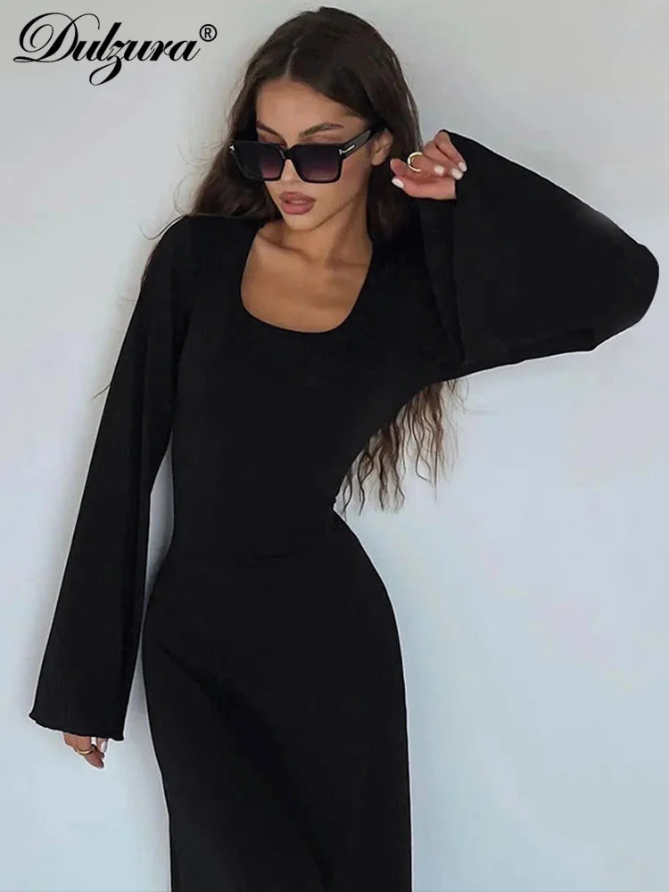 Dulzura Solid Ribbed Trumpet Sleeves Maxi Dress Back Lace-Up Straps Elegant Casual 2023 Autumn Winter For Women Birthday - Seprincess