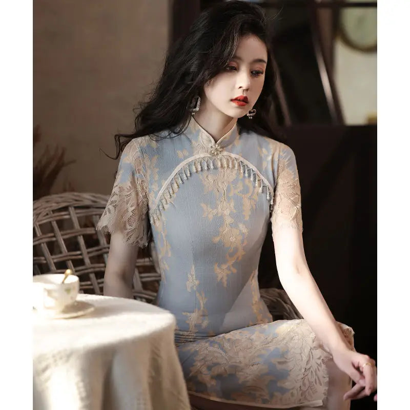 2022 Retro Cheongsam Chinese Classic Women's Qipao Elegant Short Sleeve Vintage Dress Splice Lace Daily Embroidery Dress - Seprincess