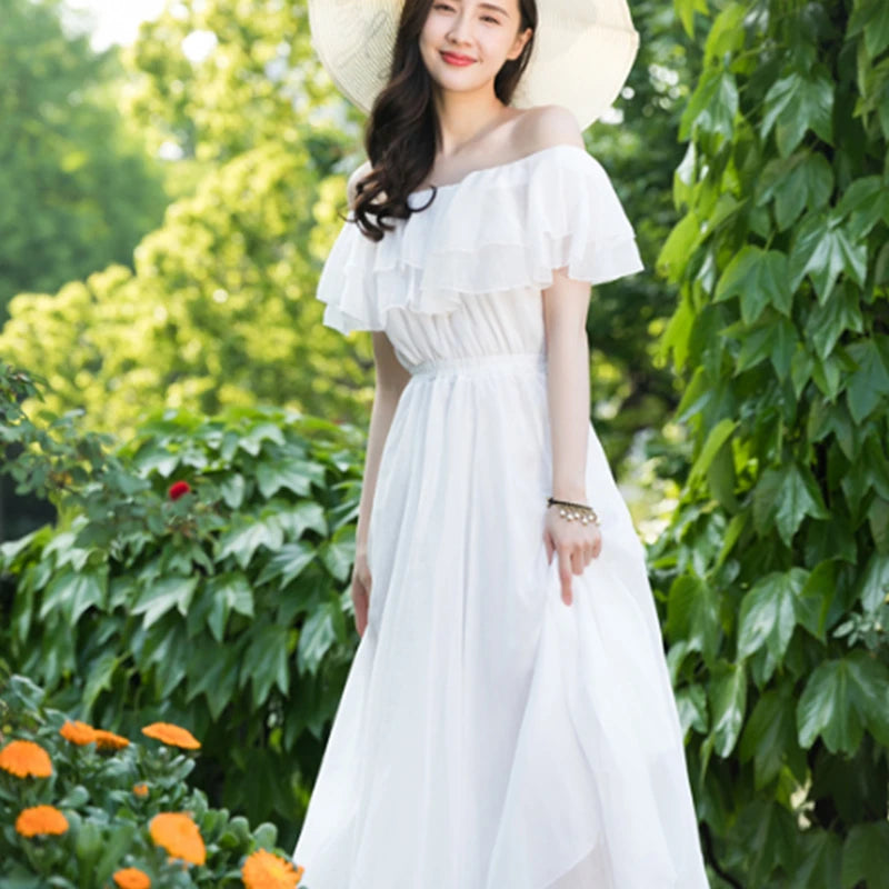 Women's Summer Beach Style Chiffon White Long Dress Lady Graceful Fairy Layers Ruffles Off-Shoulder Dresses Evening Party Gown - Seprincess