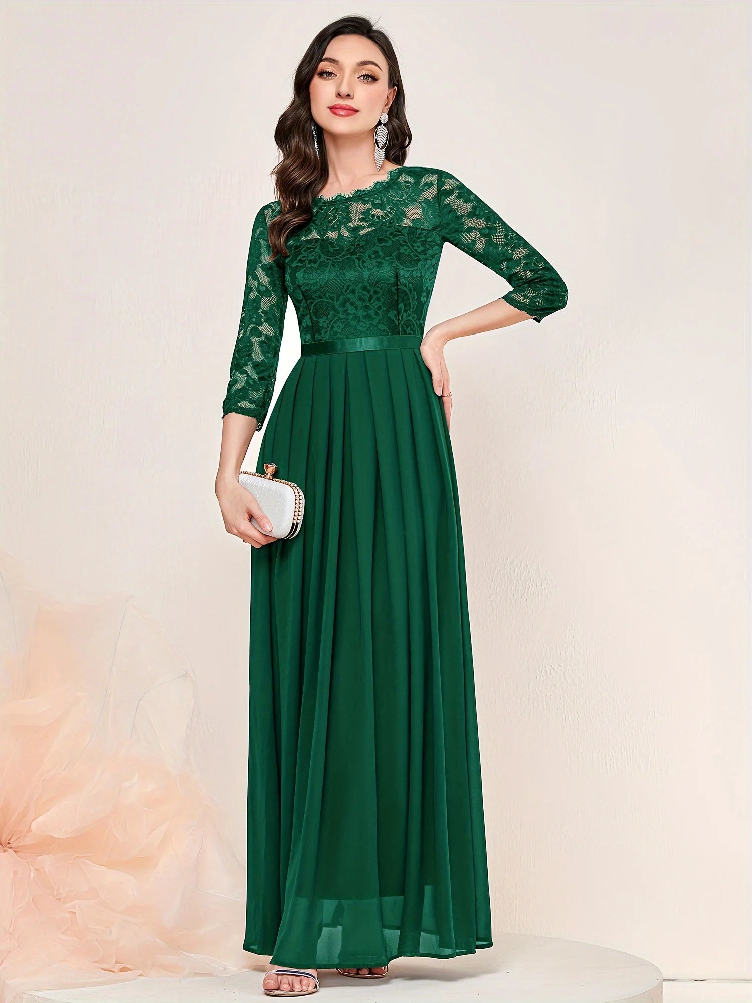 Contrast Lace Pleated Elegant Solid 3/4 Sleeve Party Maxi Formal Evening Dress - Seprincess