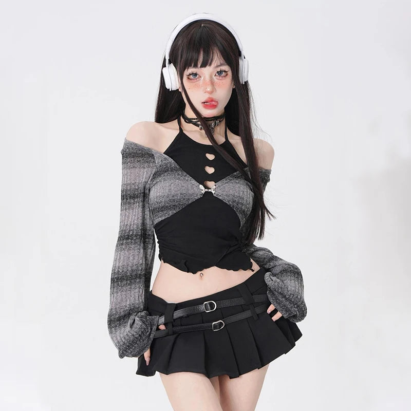 2024 Spring Autumn Two Pieces Skirt Set Women Y2k Crop Tops T-shirt + Short Skirt Japanese Kawaii Fashion Suits Chic New Korean - Seprincess