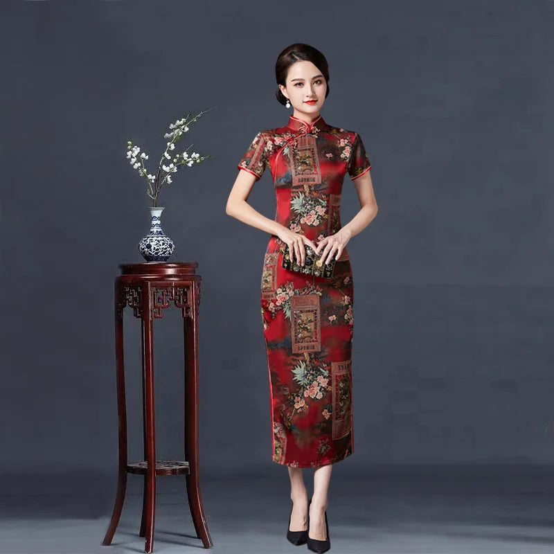 2023 New Vintage Long Cheongsam Women Sexy Slim Split Qipao Classic Chinese Traditional Dress Print Flower Evening Party Dress - Seprincess