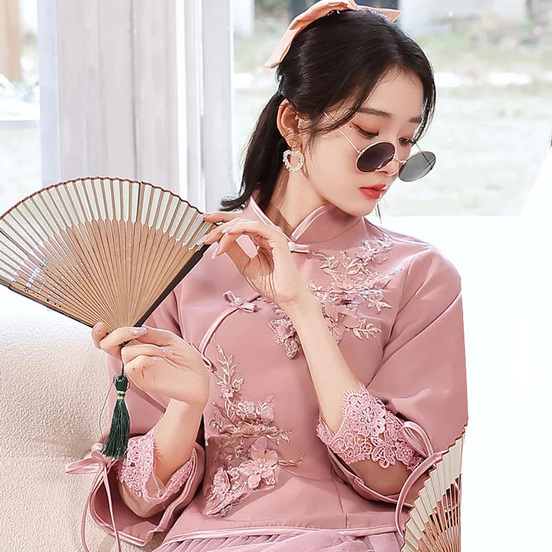 Chinese Wedding Dresses Qipao Traditional Bridesmaid Elegant Khaki Pink Cheongsam Modern Three Quarter Sleeves Outfits for Girls - Seprincess