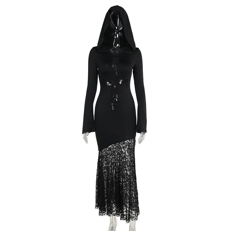 Goth Dark Elegant Fashion Women Hooded Dress Mall Gothic Cross Hollow Out Lace Spliced Partywear Acubi Sexy Bodycon Dresses Slim - Seprincess