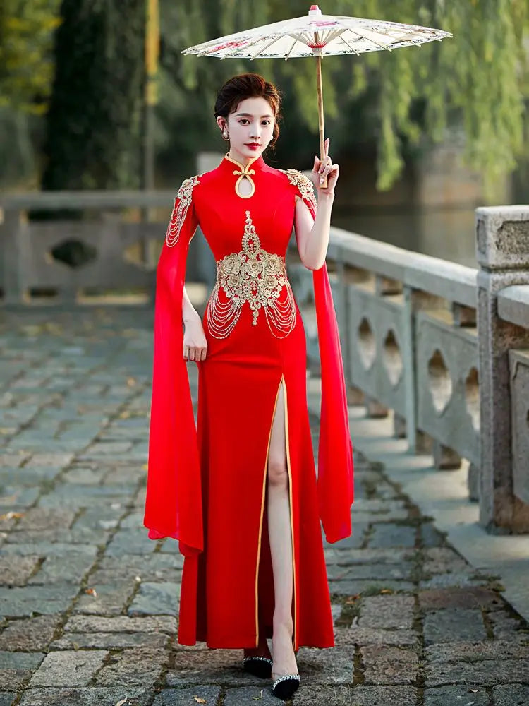 Chinese dress women cheongsam ao dai vintage elegant wedding party qipao black embroidery cheongsam French style Evening dress - Seprincess