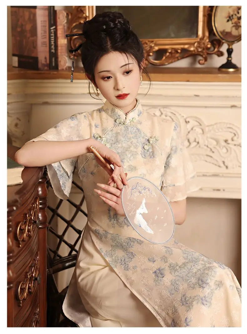 Improved Qipao 2024 New Summer Modern Chinese Style Blue Jacquard Short Sleeve Cheongsam For Women Youth Girls Long Party Dress - Seprincess