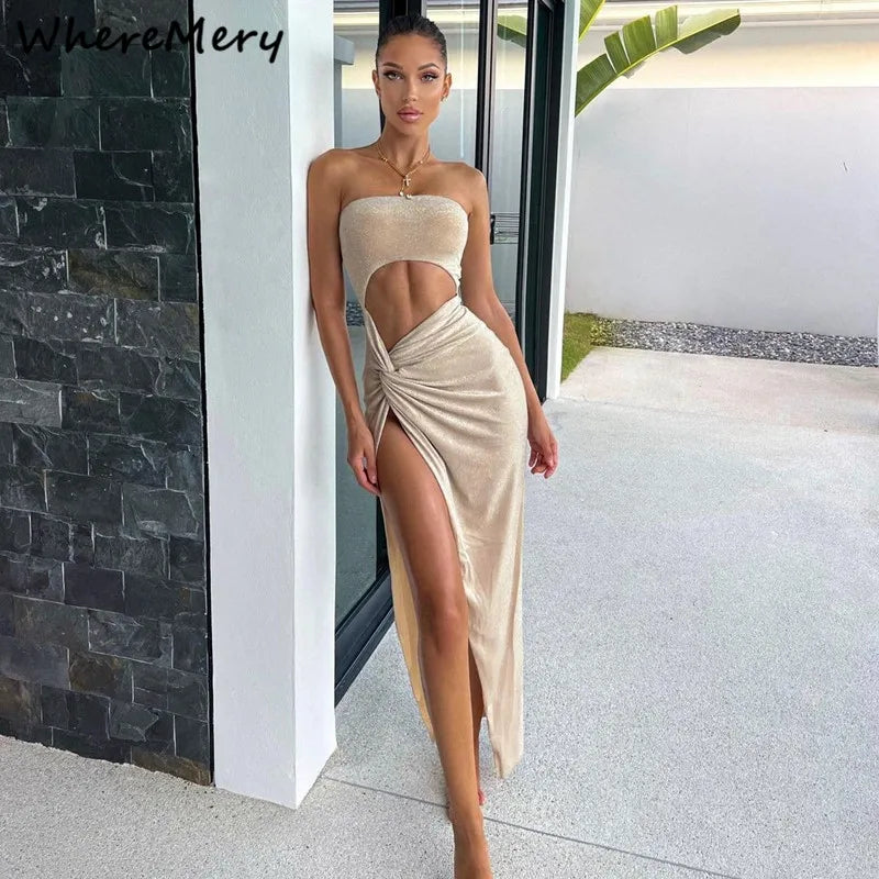 WhereMery Summer Sexy Sleeveless Slit Dress Hollow Out Skinny Elegant Women Long Dresses 2022  Fashion Ladies Party Club Vestido - Seprincess