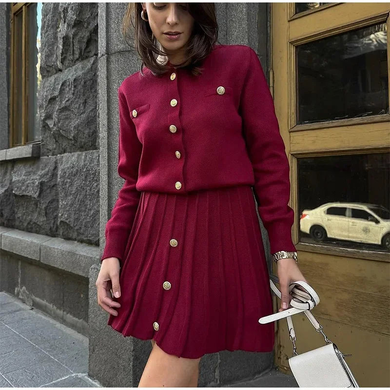 Chic Burgundy Pearl Buckle Women Mini Skirts Set Elegant Long Sleeve Knitted Cardigan Suits 2024 Female Commuting Street Outfits - Seprincess