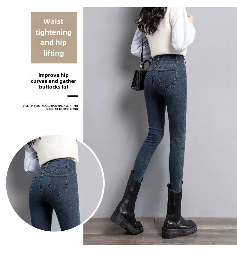 Thickened Fleece-Lined Warm High-Waisted Slimming Jeans Women's Elasticity Tightening Outerwear Versatile Stretchy Little Shorts