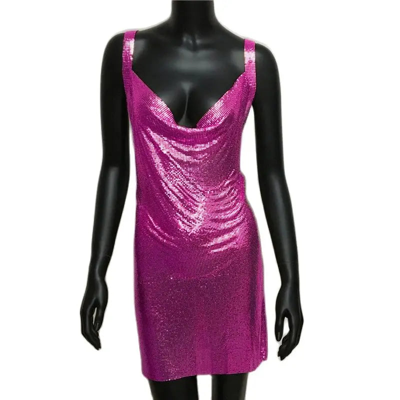 Sexy Metallic Sequin Mini Dress For Women Backless Cocktail Club Glitter Low Cut Halter Dress Rave Party Nightclub Dresses - Seprincess