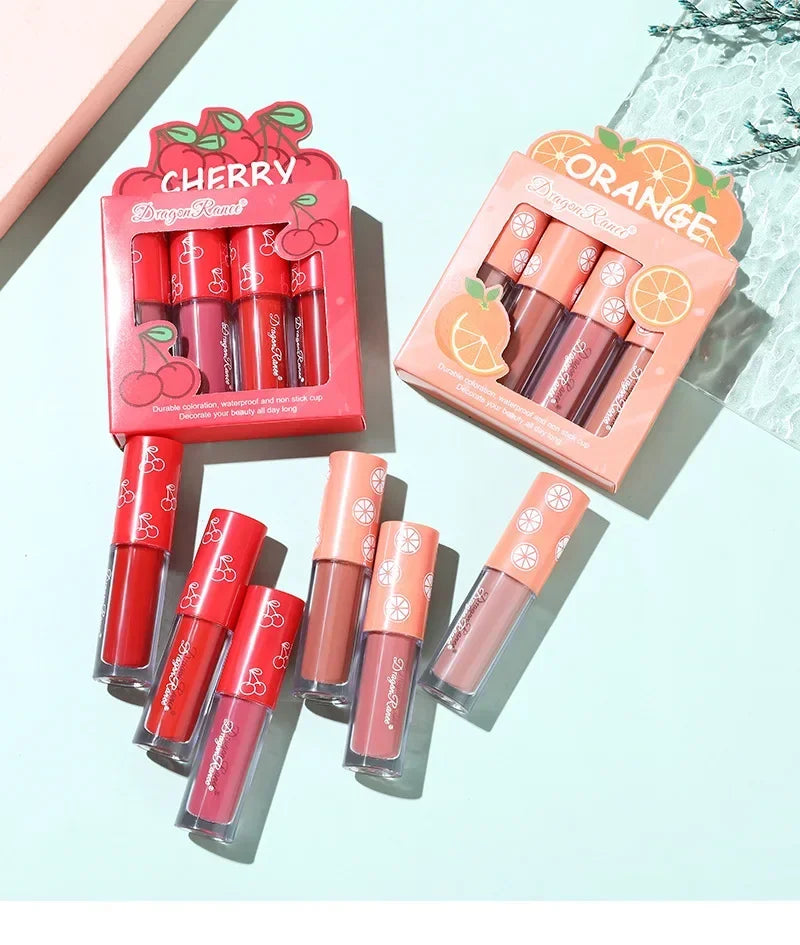 4pcs/set Matte Fruit Lip Glaze Long Lasting Liquid Lipsticks Mini Matte Lip Glaze Set Non-Fade Non-Stick Waterproof Lipsticks - Seprincess