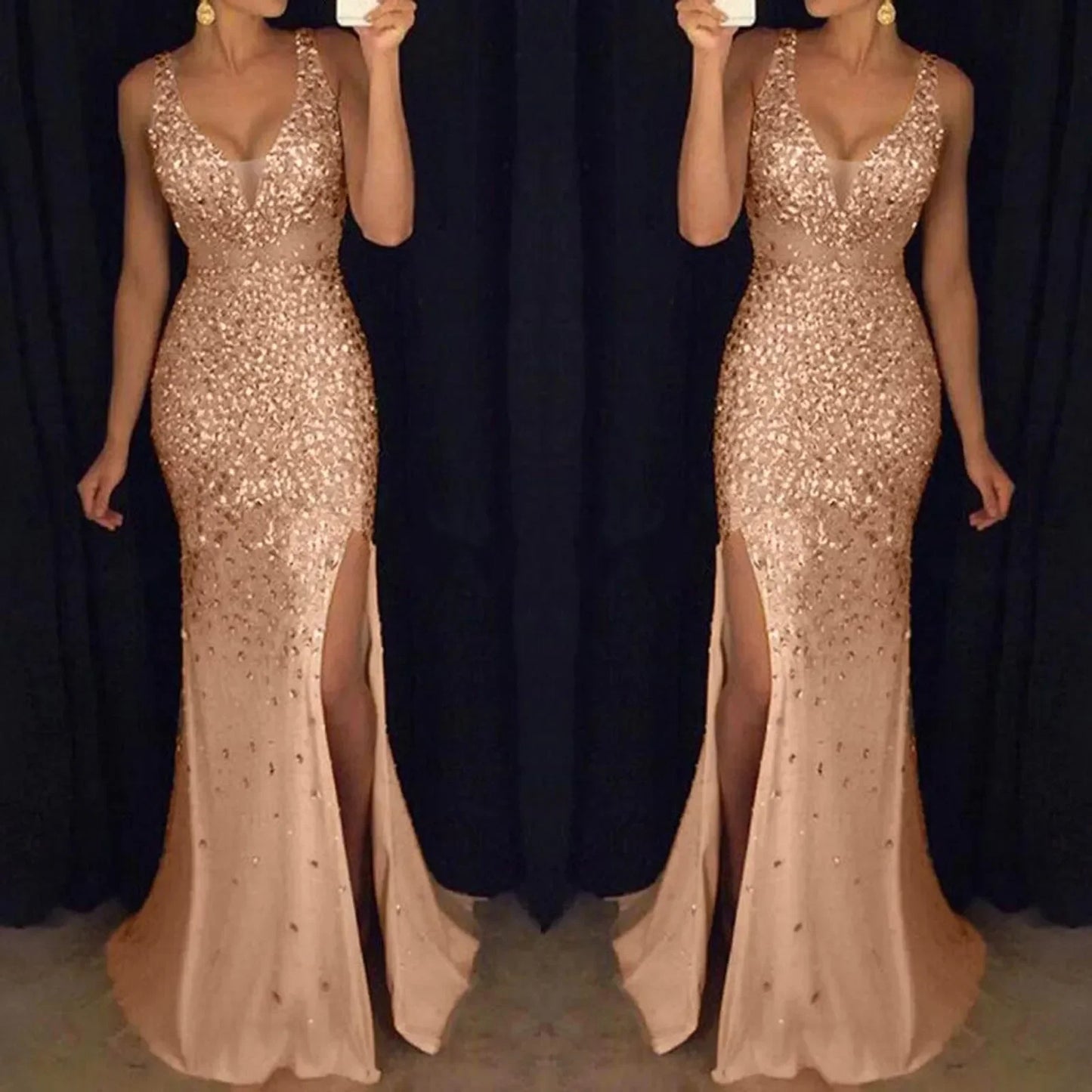 Women Sexy Mesh Sequins Party Long Dress 2023 Elegant Backless Bocycon High Slit Dress Summer Fashion Sexy Evening Prom Dress - Seprincess