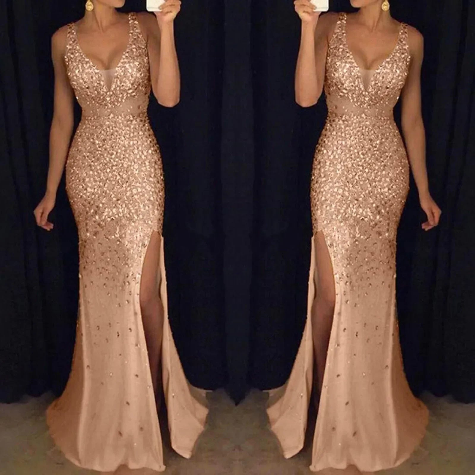 Women Sexy Mesh Sequins Party Long Dress 2023 Elegant Backless Bocycon High Slit Dress Summer Fashion Sexy Evening Prom Dress - Seprincess