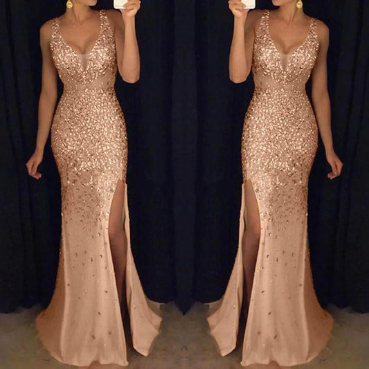 Women Sexy Mesh Sequins Party Long Dress 2023 Elegant Backless Bocycon High Slit Dress Summer Fashion Sexy Evening Prom Dress - Seprincess