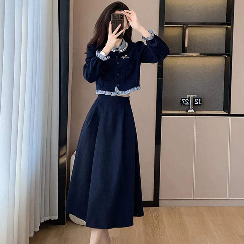 2023 Autumn Fashion Two Pieces Set Korean Women Vintage Ruffles Knitted splicing Shirt Top + A-Line Midi Skirts Elegant Outfits - Seprincess