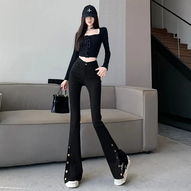 Micro-boot jeans brown buttoned design women's autumn and winter new high-waisted slim straight-leg floor mopping pants