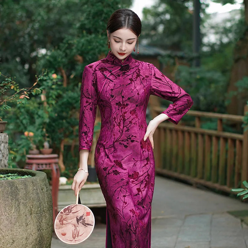 New 5 Color Women Cheongsam Improved Winter Plus Size Dress Chinese Traditional Evening Dresses Long Qipao Costume - Seprincess